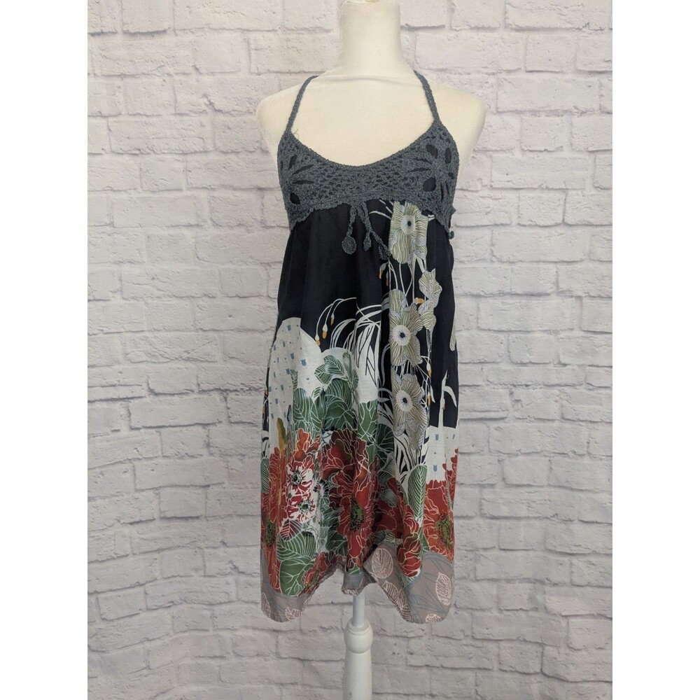 Young Threads Halter Sun‎ Dress Asian Print Juniors Small Crochet Boho Festival